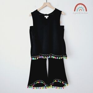 Cousin Earl Bohemian Rainbow Tassels Black Top Crop Flare Pants Matching Set